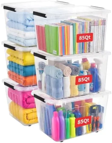 85Qt Plastic Storage Bin with Wheels, Stackable Storage Box with Lid, Organizer, Container for Home, Office, Drom, PP, BPA-Free, Nestable, Clear, 85Quart-6 Pack