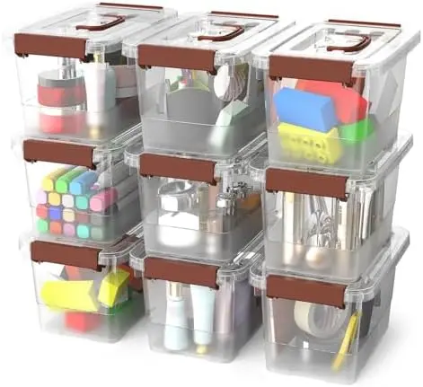 9-Pack Stackable Plastic Storage Bins with Lids, 4 Qt- BPA-Free, Clear Organizing Solution, Latches, Durable Nestable Containers, Secure Pull Handle.