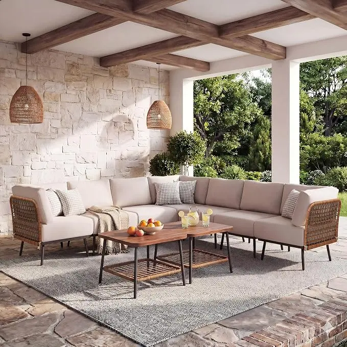 9-Piece Patio Conversation Sets, Rattan Outdoor 7-Seat Sectional Sofa, Wicker
