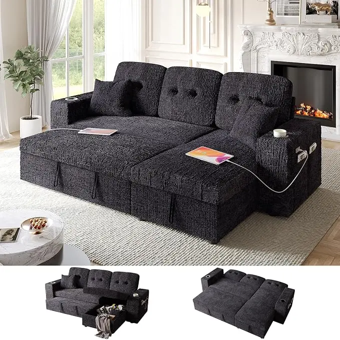 90 Inch Modular Sectional Sleeper Sofa Bed, 4 in 1 Pull Out Couch Bed