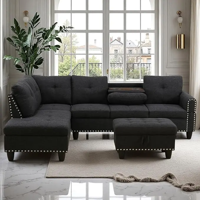 97.5" L Shaped Couch Set Linen, Modular Sectional Couches