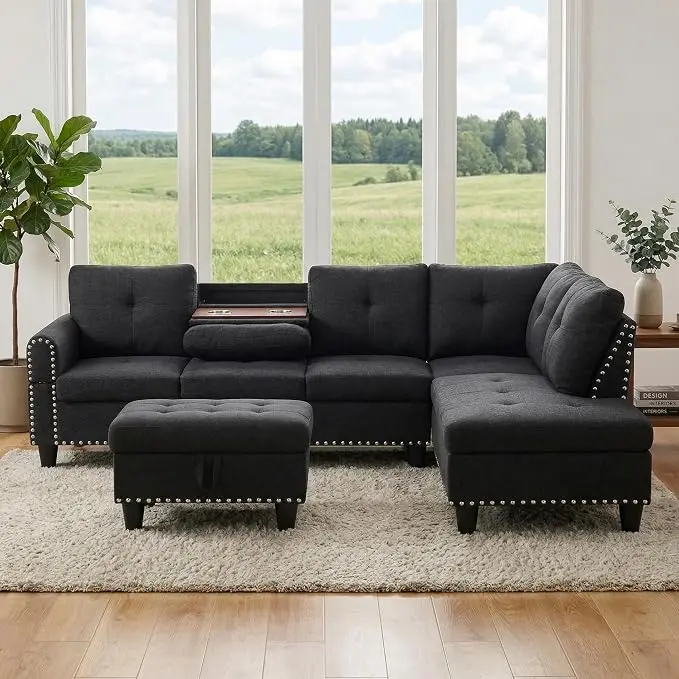 97.5" L Shaped Couch Set Linen, Modular Sectional Couches