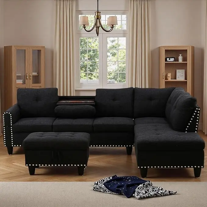 97.5" L Shaped Couch Set Linen, Modular Sectional Couches