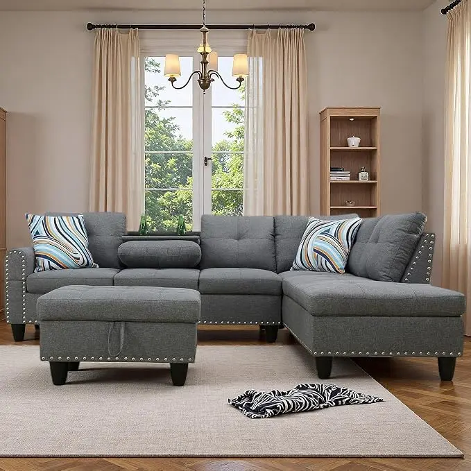 97.5" L Shaped Couch Set Linen, Modular Sectional Couches