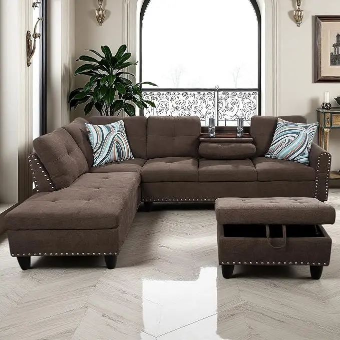 97.5" L Shaped Couch Set Linen, Modular Sectional Couches