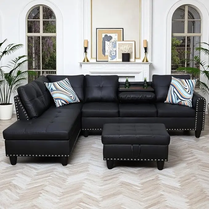 97.5" Leather L Shaped Couch Set Black, Modular Sectional Couches