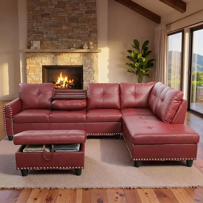 97.5" Red L Shaped Couch Set Leather, Modular Sectional Couches