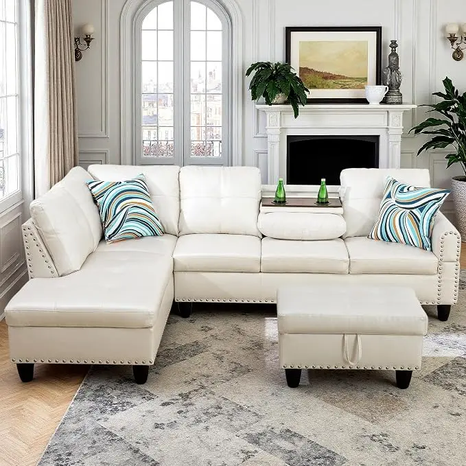 97.5" White L Shaped Couch Set Leather, Modular Sectional Couches