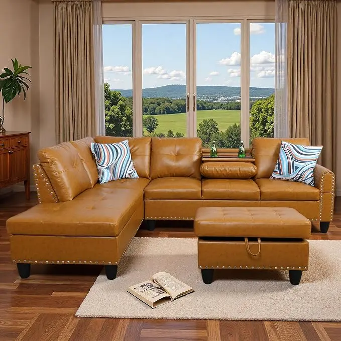 97.5" Yellow L Shaped Couch Set Leather, Modular Sectional Couches