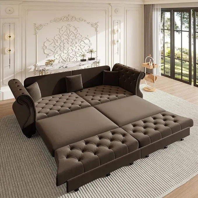 97.6" Oversized Pull Out Sofa Bed, Chesterfield Velvet Sleeper Sofa Couch