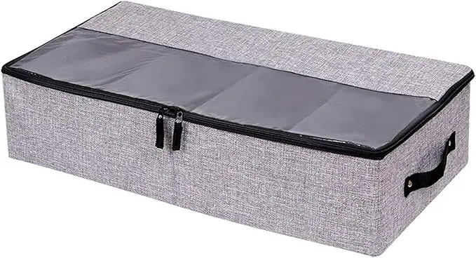 AARAINBOW Foldable Under Bed Clothes Organizer with Lid, Underbed Storage Container with Adjustable Dividers, Clear Window, Gray