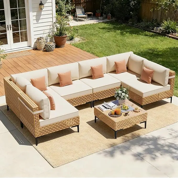 ABCASA Patio Furniture Set, Boho Patio Conversation Set Sectional Sofa