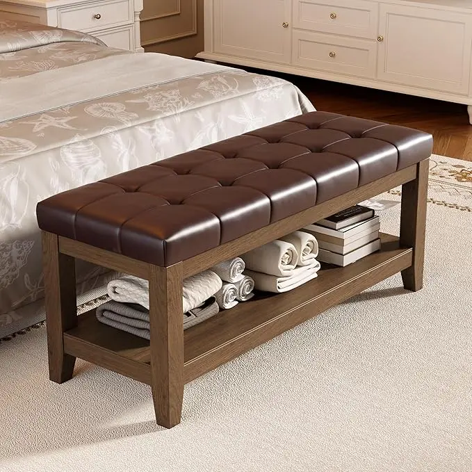 ABHENG Solid Rubber Wood Shoe Bench, Easy-Clean PU Upholstered Seat, 770LB Load