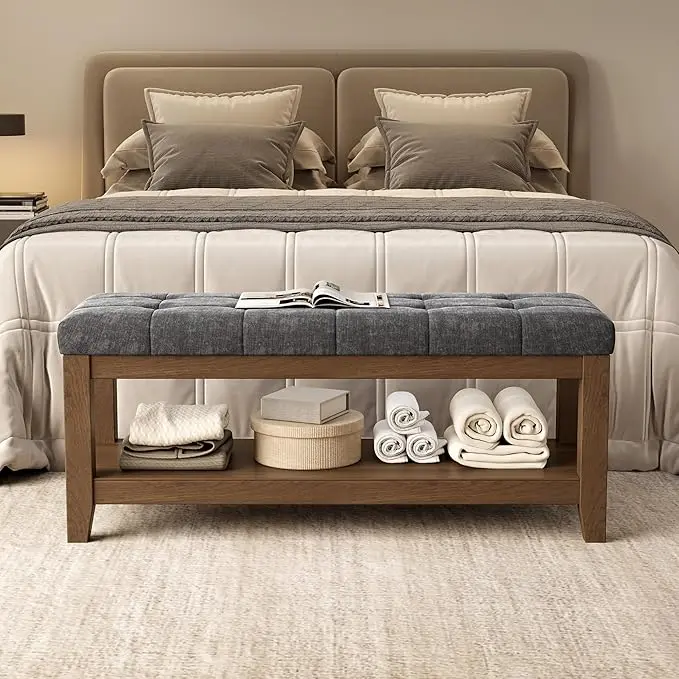 ABHENG Solid Rubber Wood Shoe Bench, Soft Chenille Material Upholstered Seat