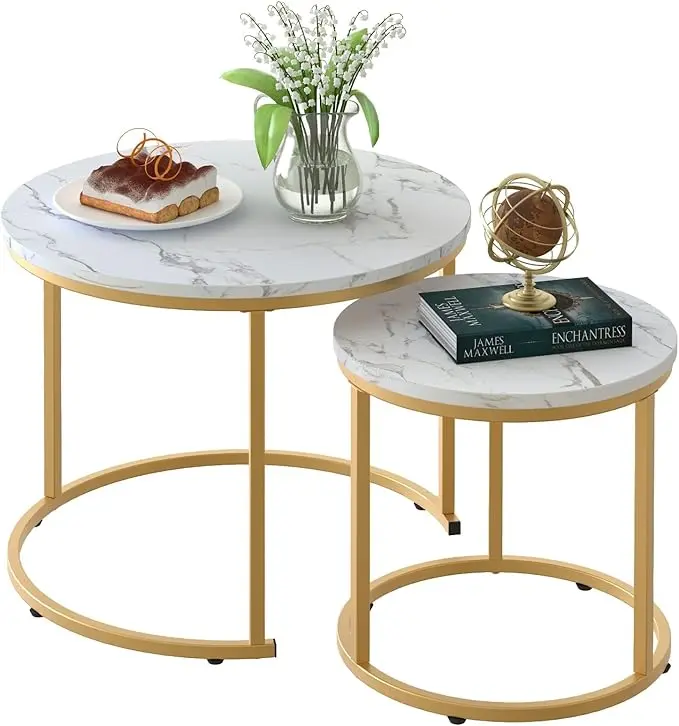 aboxoo Coffee Table Nesting White Set of 2 Side Set Golden Frame Circular Round