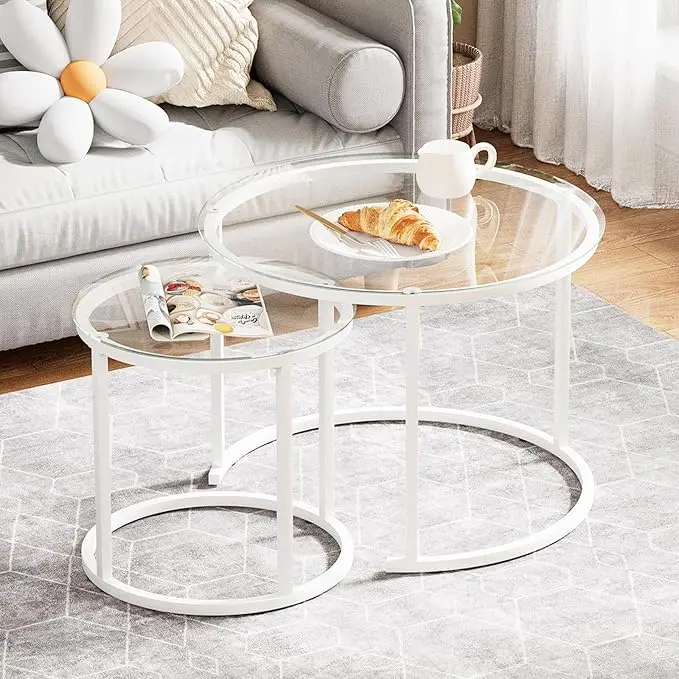 aboxoo White Nesting Glass Table Set of 2, Small Glass Round Nesting Tables