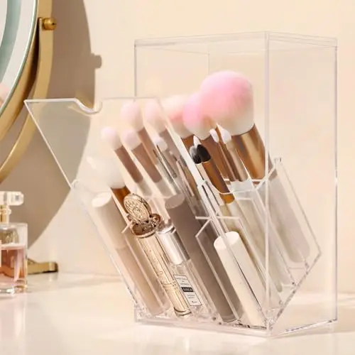 Acrylic Makeup Brush Holder with Lid for Vanity, 17-Slots Large Capacity