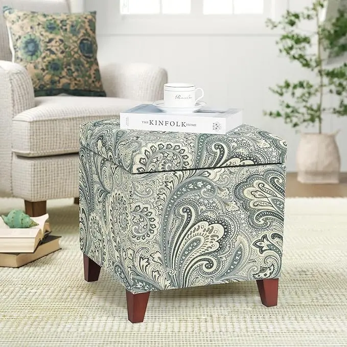 Adeco 18" Cube Storage Ottoman in Blue Paisley, Upholstered Linen Foot Stool &
