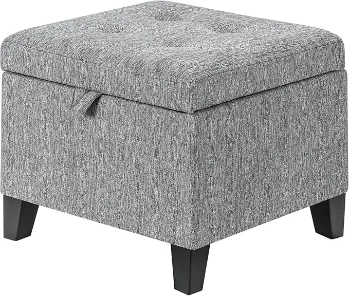 Adeco 18-Inch Cube Storage Ottoman, Upholstered Linen Footrest Stool