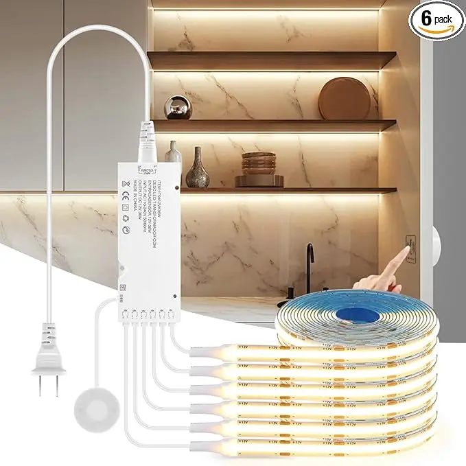 AIMENGTE 12V COB LED Cabinet Lights Strip, 6 x 3.3ft Touch Dimmable 3000K