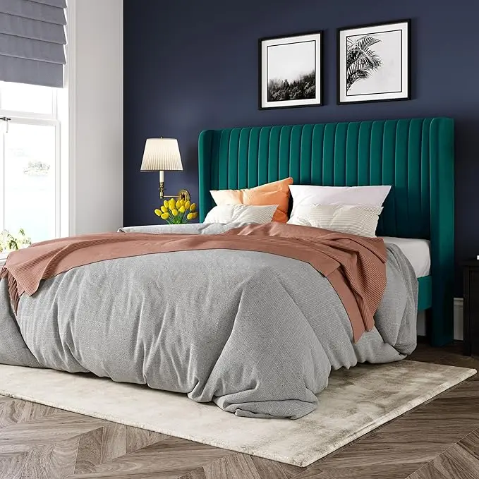 Allewie Full Size Bed Frame/Velvet Upholstered Platform Bed/Vertical Channel