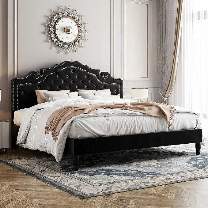 Allewie King Bed Frame with Adjustable Velvet Tiara Headboard, Upholstered