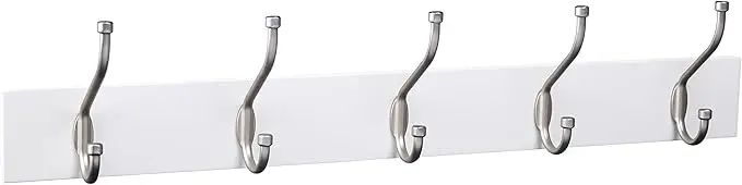 Amazon Basics Rectangular Farmhouse Wall-Mounted Coat Rack for Entryway and Bedroom, Storage Organizer, 5 Hooks, White