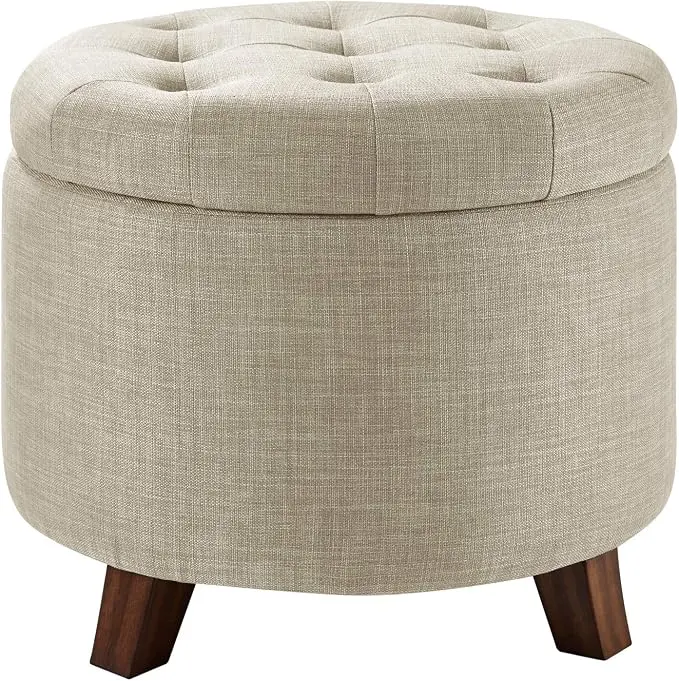 Amazon Basics Round Storage Ottoman Foot Rest, Button Tufted Upholstered