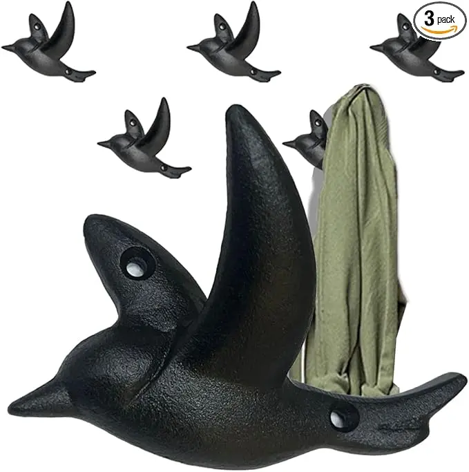 Ambipolar Flying Bird Iron Cast Decorative Bird Wall Mounted Coat Hooks (Robin Black)