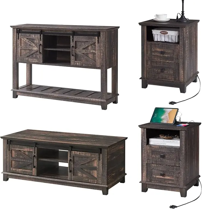 AMERLIFE Farmhouse 4-Piece Living Room Set, Entryway Console