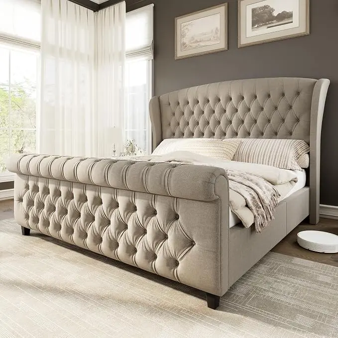 AMERLIFE King Size Platform Bed Frame, Linen Upholstered Sleigh Bed