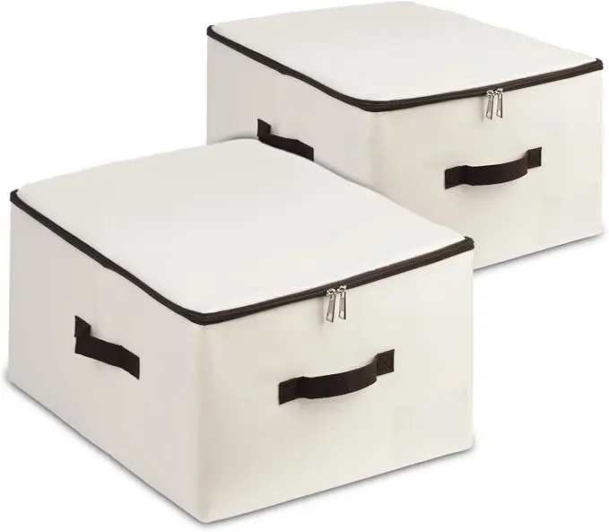 AMJ Foldable Fabric Storage Box (Set of 2) – Lidded Bin for Wardrobe, Household – Beige Organizer Cube – Washable & Stackable