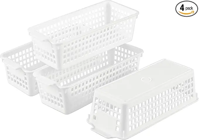 Anbers 4 Pack Slim Storage Baskets for Shelves, Small Plastic Organizing Baskets, White