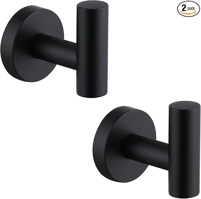 APLusee Matte Black Round Coat Hook 2 Pack, 304 Stainless Steel Bathroom Towel Hook, Wall Mounted