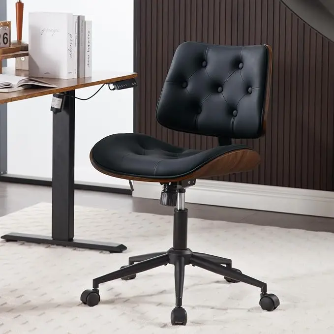 Armless Home Office Chair with Wheels, PU Leather Adjustable Height Computer
