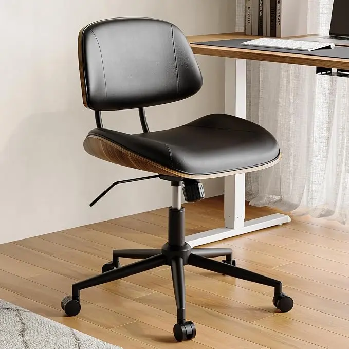 Armless Office Chair with Wheels, PU Leather Adjustable Height Desk Chair