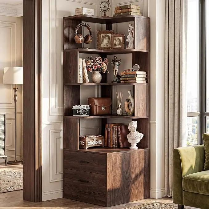 Armocity Corner Bookshelf with Drawers, 7 Tier Corner Book Shelf Display