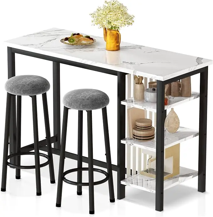 AWQM Bar Table Set with Storage Shelves, 3-Piece Dining Set