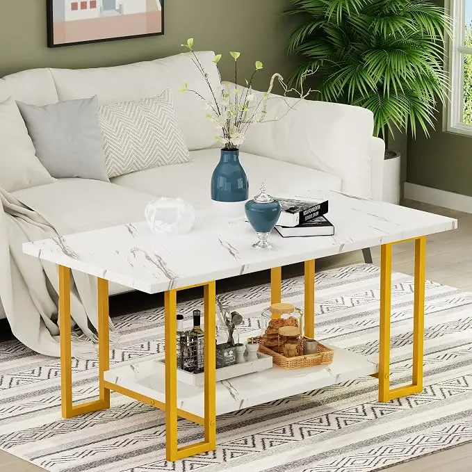 AWQM Marble Coffee Table, Faux Marble Top Rectangular Coffee Table