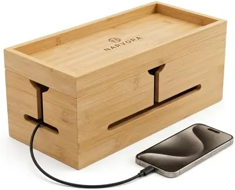 Bamboo Cable Management Box, Large 13.4” Wooden Cord Organizer Box