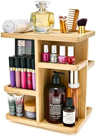 Bamboo Makeup Organizer, Rotating Cosmetic Storage for Vanity (Tan)