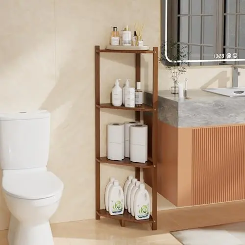 Bamboo Small Corner Shelf Stand, 4-Tier Brown Corner Bookshelf