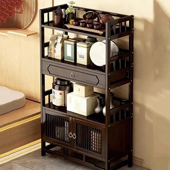 Bamboo Storage Cabinet with Drawer, Tea Set/Book/Decorative Items Storage Rack