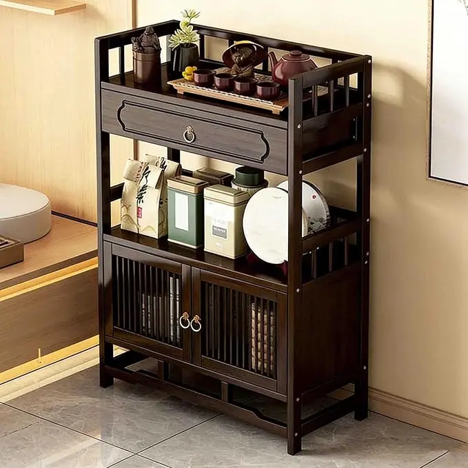 Bamboo Storage Cabinet with Drawer, Tea Set/Book/Decorative Items Storage Rack