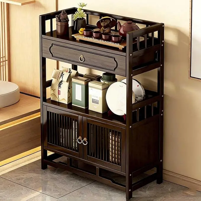 Bamboo Storage Cabinet with Drawer, Tea Set/Book/Decorative Items Storage Rack