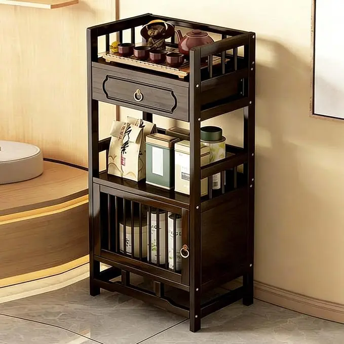 Bamboo Storage Cabinet with Drawer, Tea Set/Book/Decorative Items Storage Rack