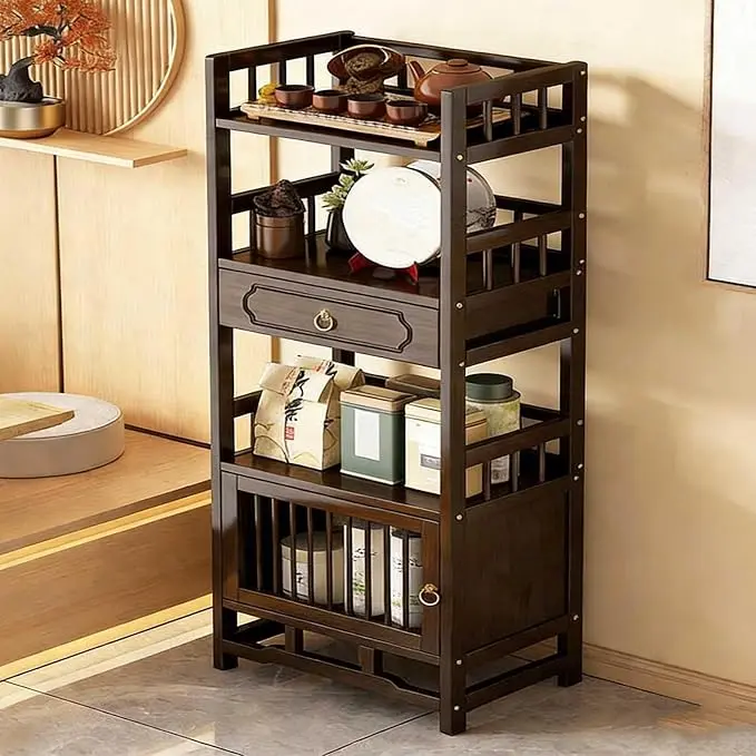 Bamboo Storage Cabinet with Drawer, Tea Set/Book/Decorative Items Storage Rack