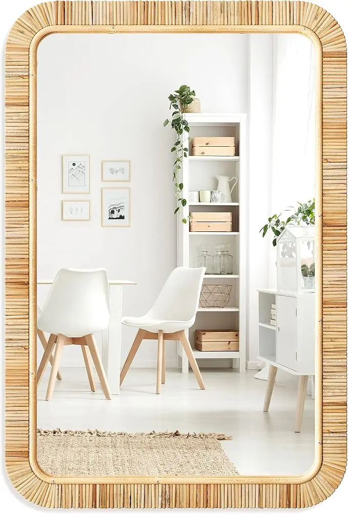 Barnyard Designs Rectangular Rattan Wall Mirror, Natural Tan Woven Rattan Frame