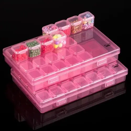 Bead Storage Containers, 28 Grids, 2 Pack, Transparent Pink