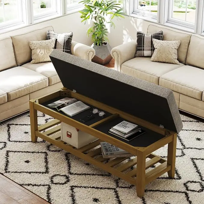 Befurtori Large Rectangular Upholstered Ottoman Bench, Linen Tufted Footrest